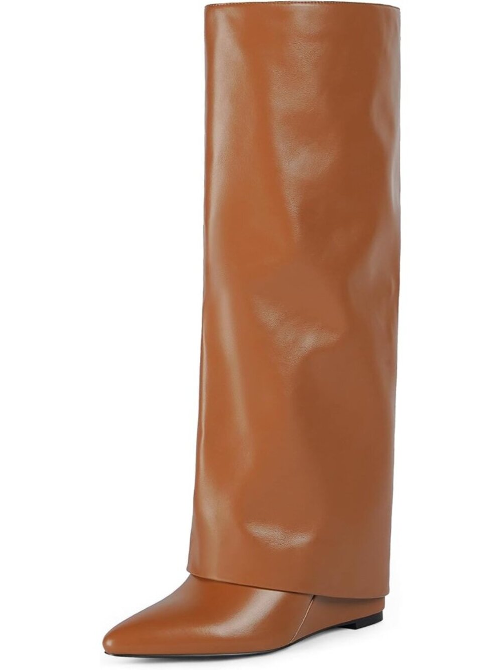 Women's Brown Faux Leather Fold Over Wedge Heel Side Zipper Shark Tall Boots